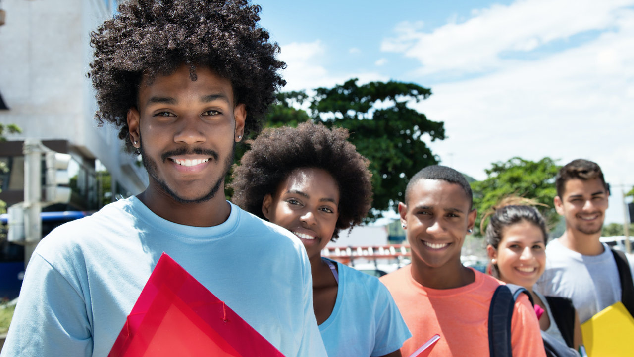 College students walking together on campus.